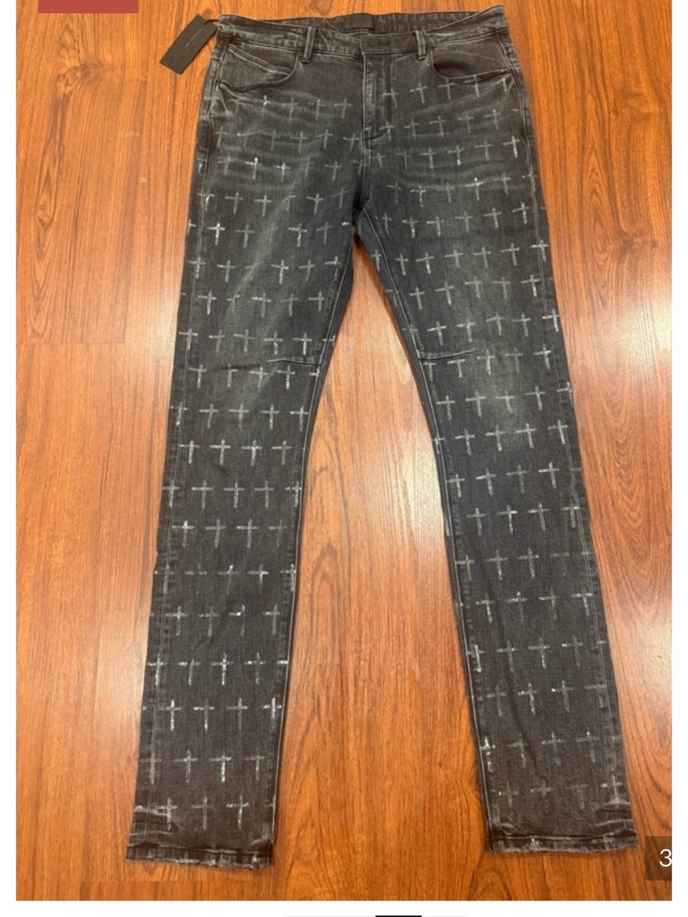 RtA brand nwt Black Washed Skinny Jeans w/ clear Cross Print 33 waist slim fit